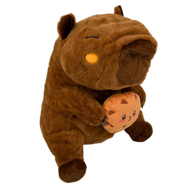 Braunes Plüsch-Capybara sitzend mit Cookie/Keks in den Pfoten, ca. 55 cm